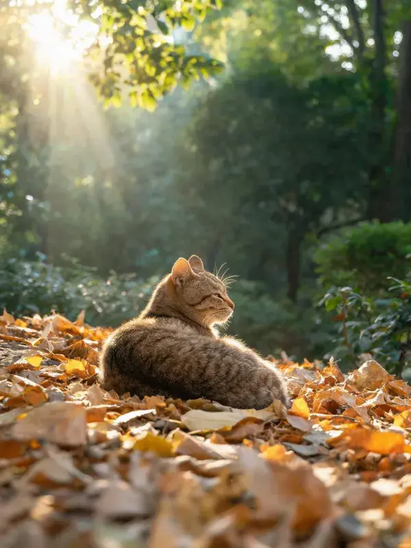 森林落叶间短毛虎斑猫的休憩场景