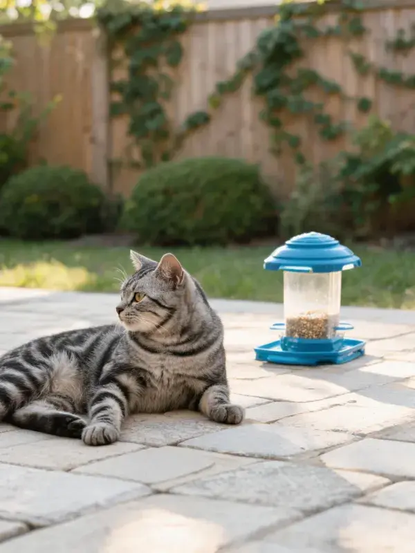阳台石板上的银虎斑短毛猫与蓝色鸟食器