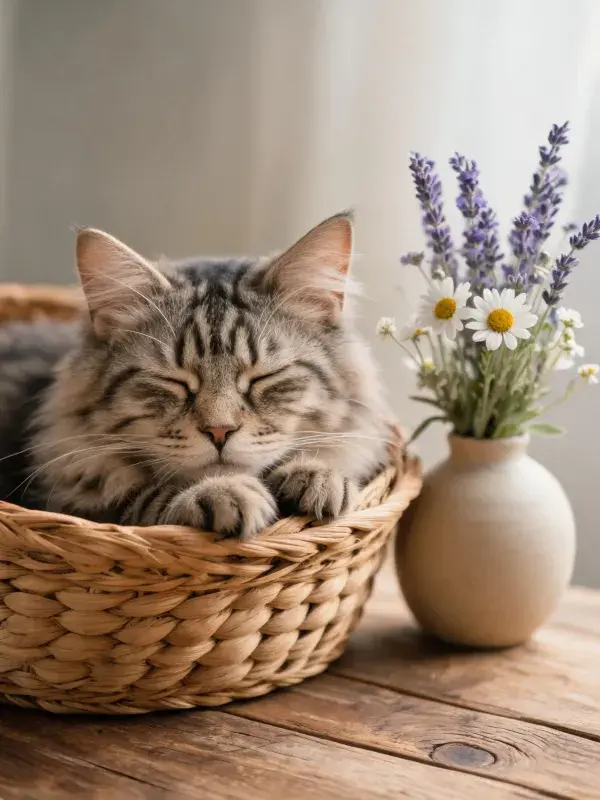 室内环境中缅因混血长毛猫休憩图景