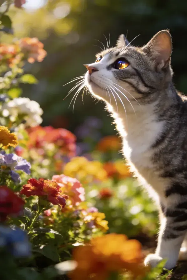 灰白短毛家猫眺望花园花卉