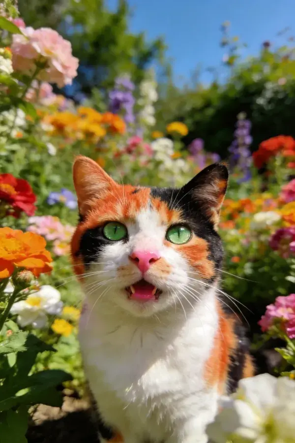 花园中三色短毛家猫特写