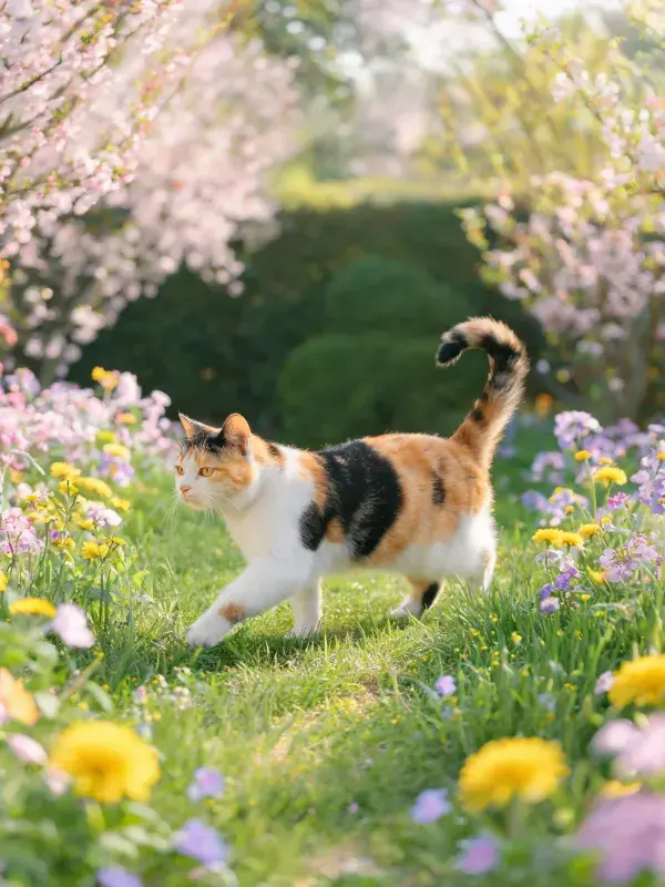 三色短毛家猫漫步春日繁花园林