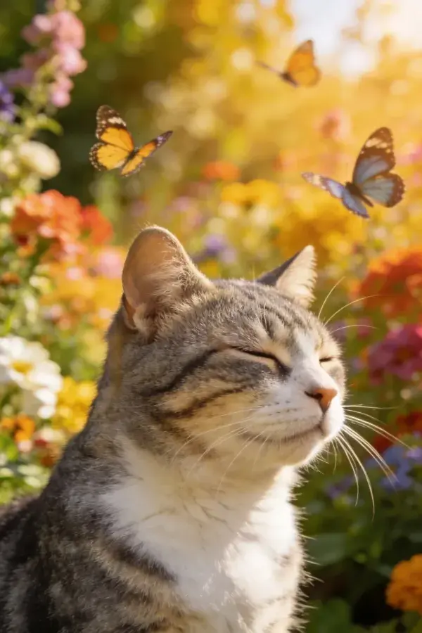 花丛中闭眼休憩的短毛虎斑猫