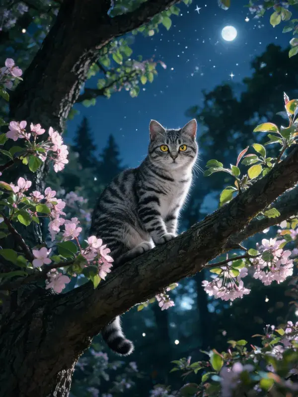 虎斑短毛猫于月夜花枝间的姿态