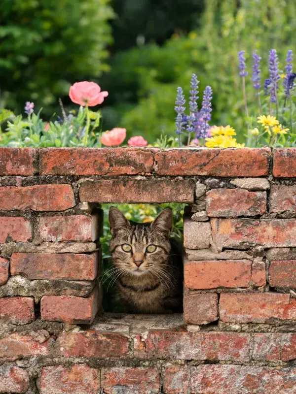 虎斑短毛猫从砖墙洞口探望