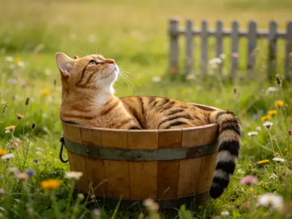 橙虎斑猫坐于木桶内的田园场景