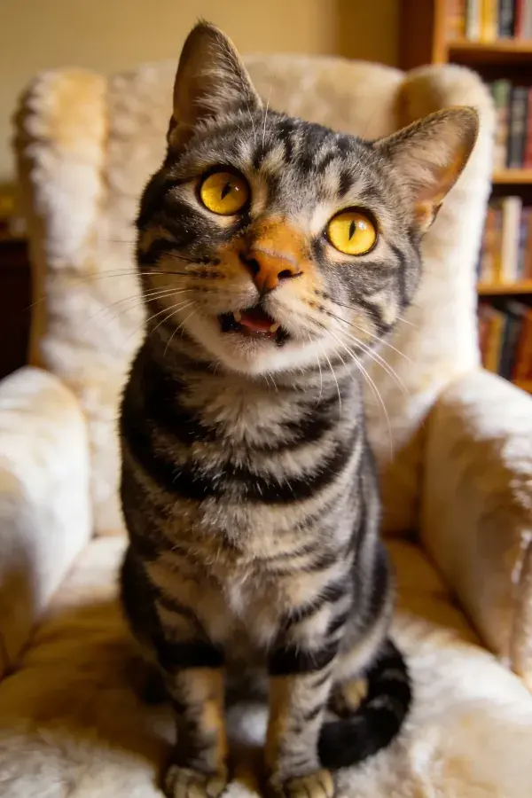 短毛虎斑猫坐在软垫扶手椅上