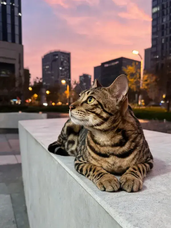 孟加拉猫在城市黄昏时的观察姿态