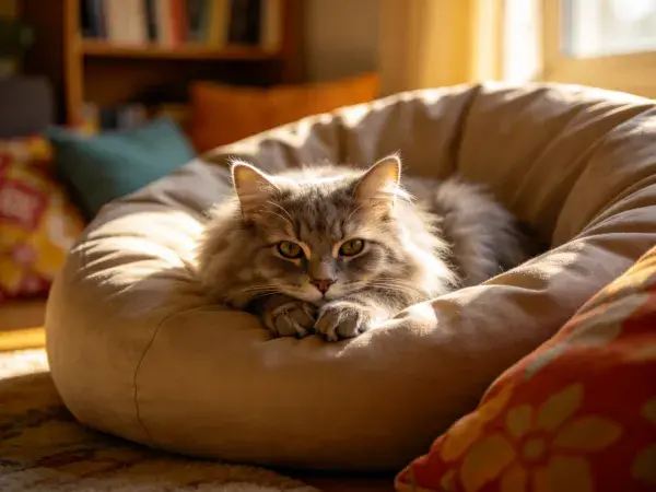长毛灰猫在软垫窝内休憩的场景
