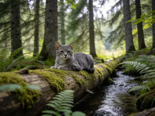 森林溪流上的灰短毛家猫休憩场景