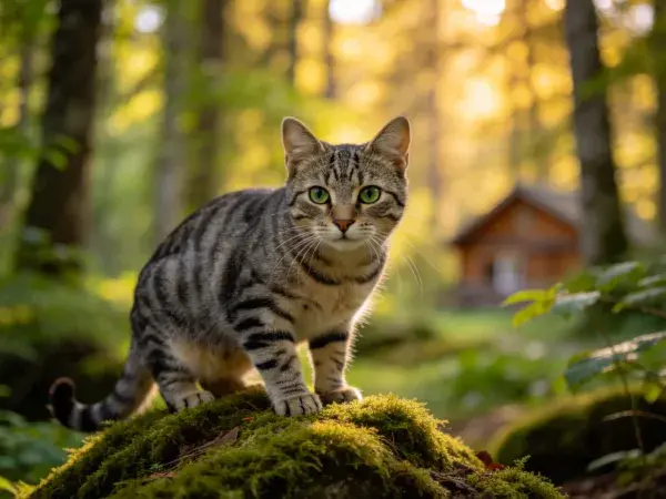 森林苔藓上短毛斑纹家猫