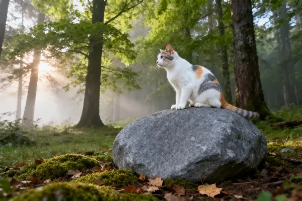 森林岩石上的三色短毛家猫