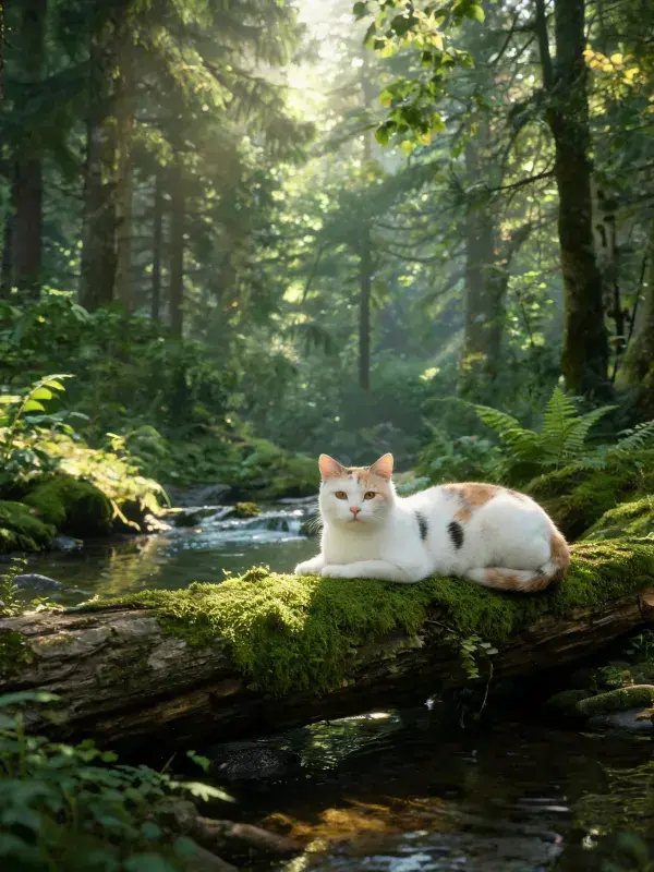 森林溪流边三色短毛家猫的休憩场景