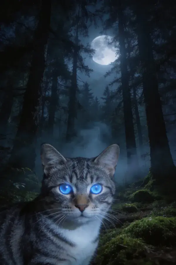 森林月夜下蓝眸短毛虎斑猫