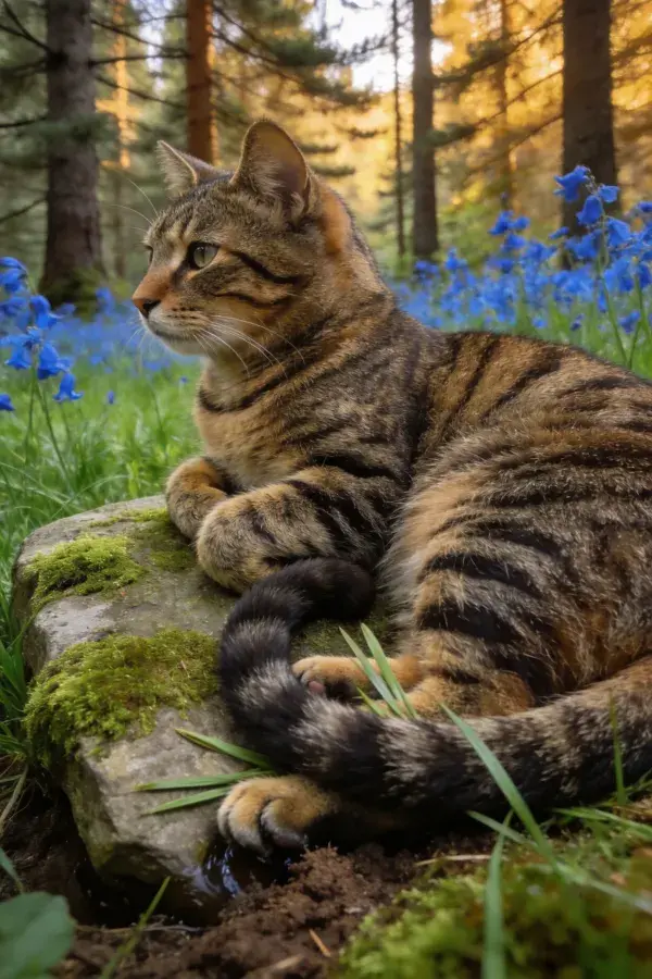 森林花丛中短毛虎斑猫栖息图