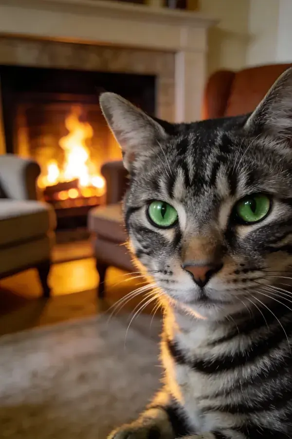 室内壁炉旁的虎斑短毛猫