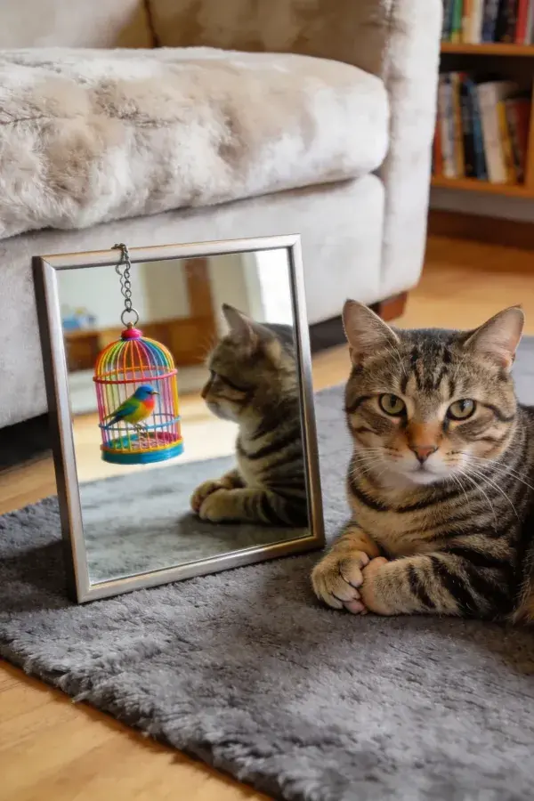 镜前短毛虎斑猫注视彩色鸟笼倒影