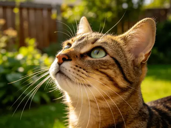 花园里短毛虎斑猫仰望特写