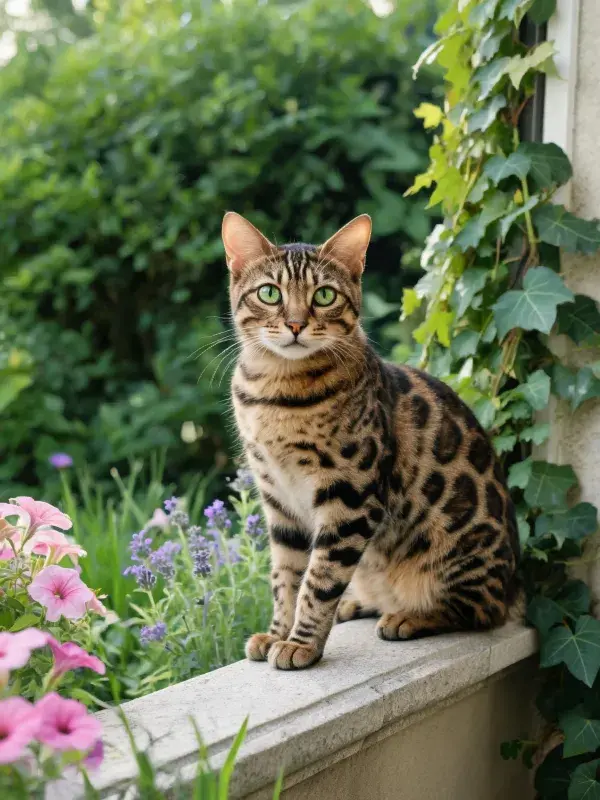孟加拉猫坐在石质窗台上近花园处