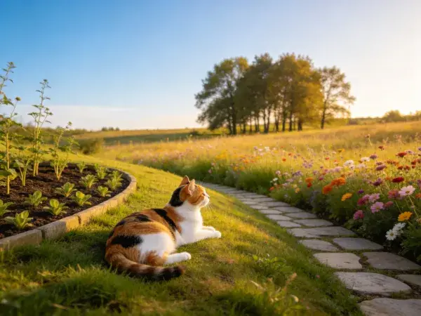 阳光下花园里的三色短毛家猫场景