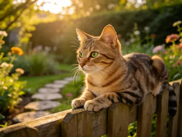 木栅栏上橙虎斑猫的休憩状态捕捉