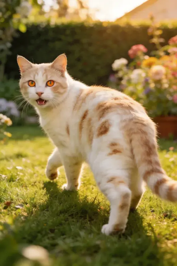 花园中行走着的橙白相间短毛猫