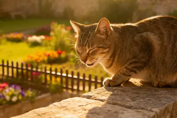 露天环境中虎斑短毛猫的姿态捕捉