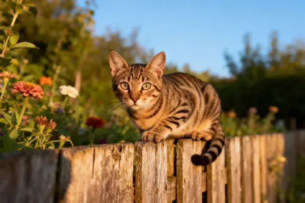 花园围栏上的斑纹短毛猫