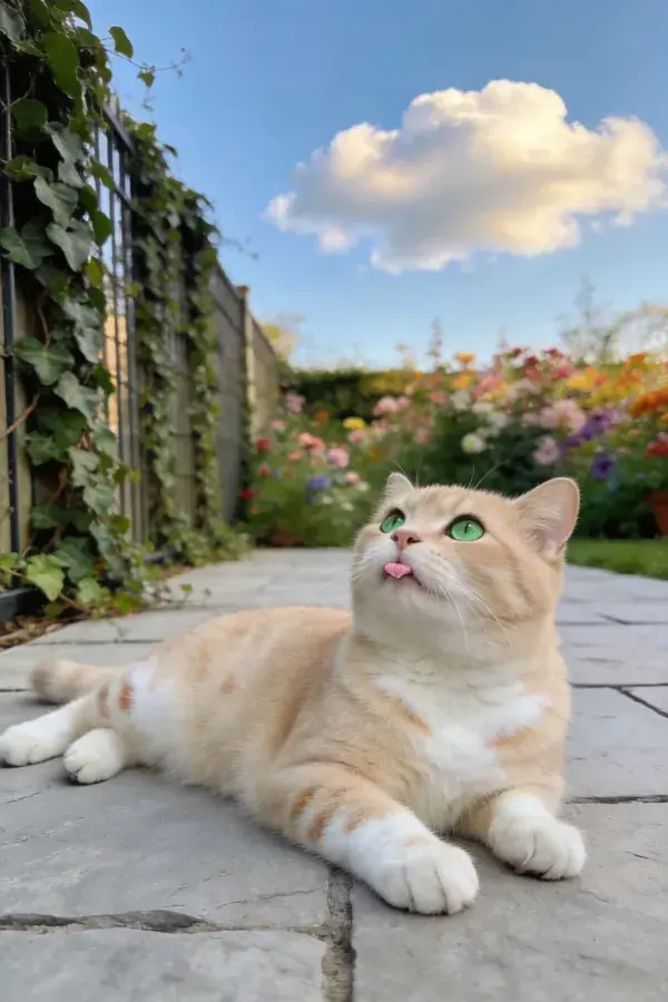橘白短毛猫躺卧花园石板路眺望