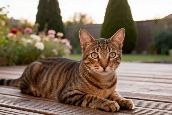 花园木平台上的孟加拉豹猫