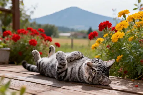 木平台上短毛虎斑猫躺卧图