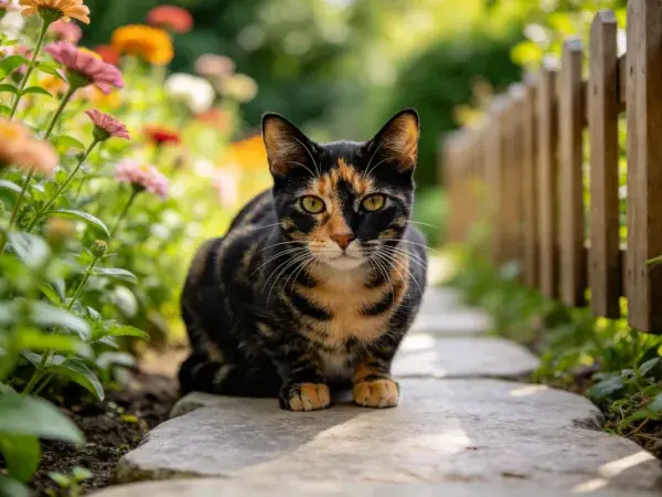 石板小径上的玳瑁猫特写