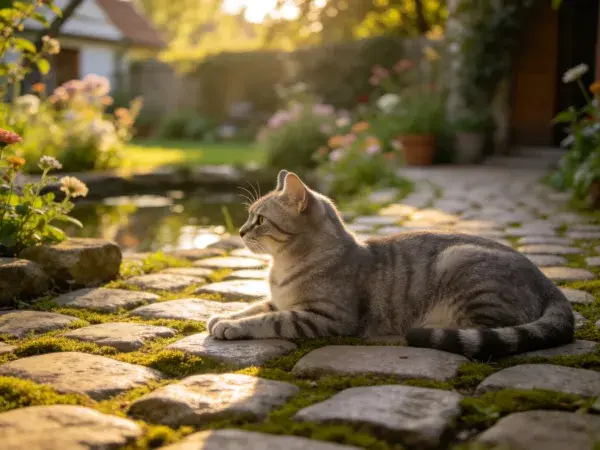 花园石板路上短毛虎斑猫休憩
