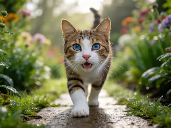 花园小径上的短毛虎斑猫前行