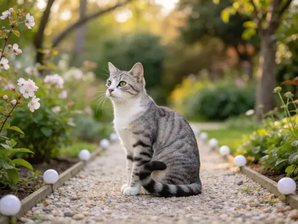 阳光下花园里的灰虎斑短毛猫