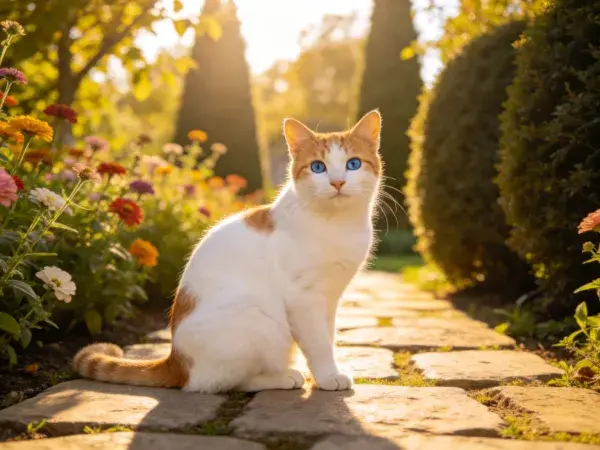 阳光下花园里的橙白短毛家猫