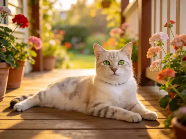 银渐层短毛猫在木质露台休憩