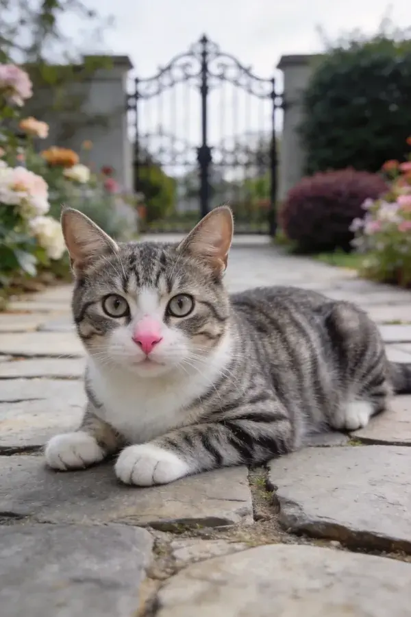 灰虎斑短毛家猫趴卧石板小径