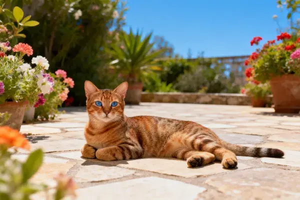 庭院石板上的金虎斑猫