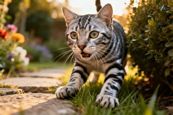 花园小径上的虎斑短毛猫