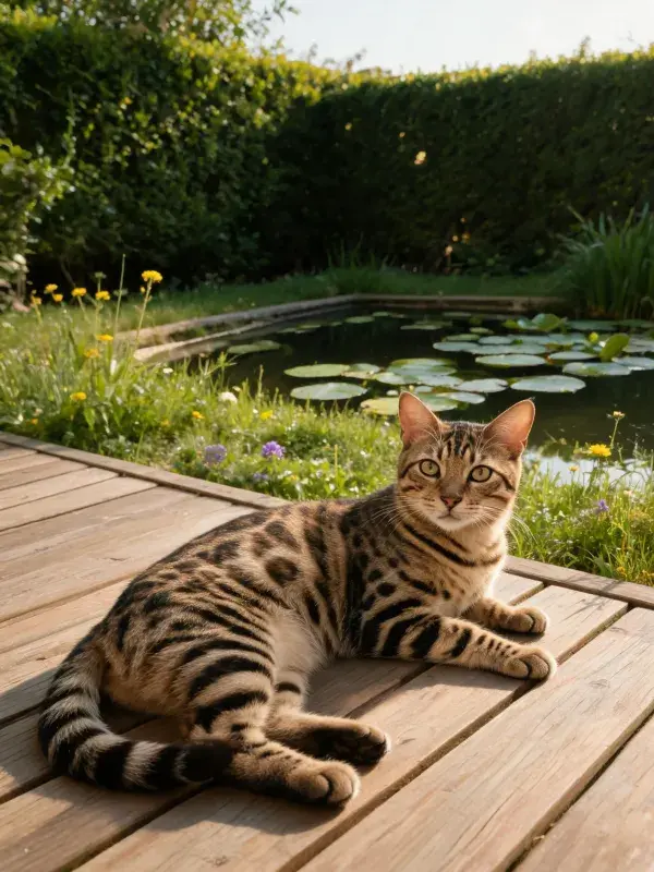 木平台上的孟加拉猫与池塘景观