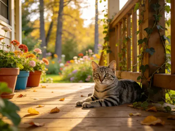 门廊光影下短毛家猫休憩场景