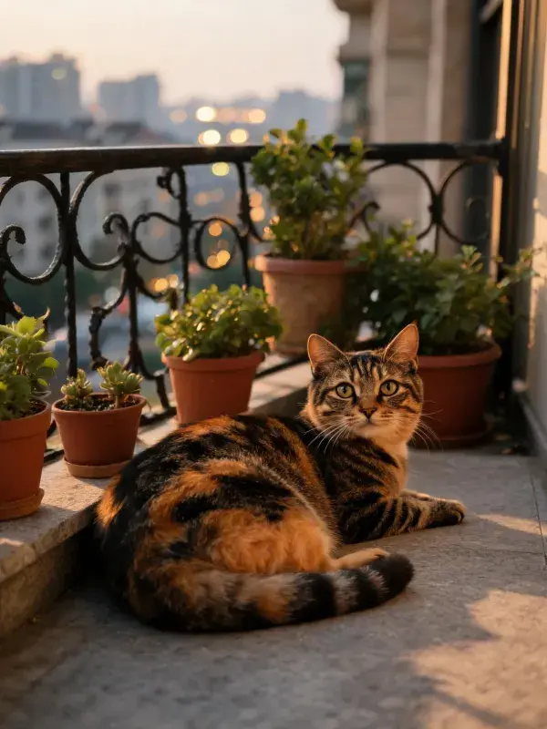 阳台暖光下的玳瑁猫休憩景象