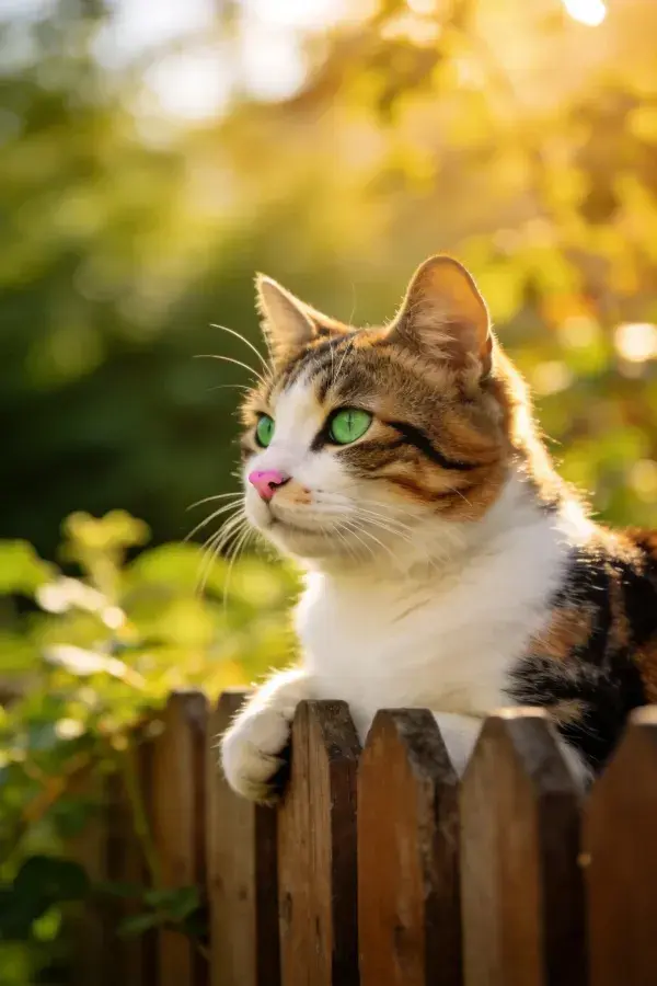 三色短毛家猫倚木栅栏眺望
