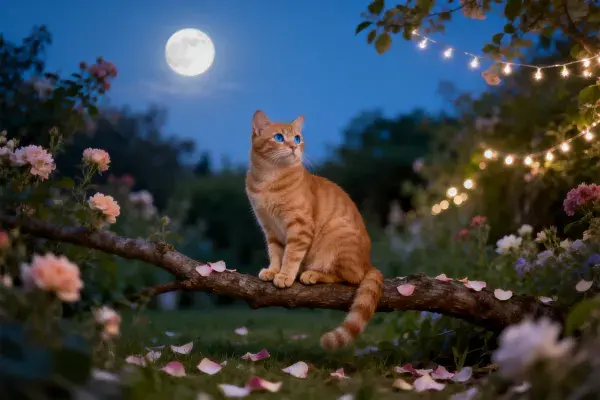 橘色短毛家猫于月光下花园枝桠处
