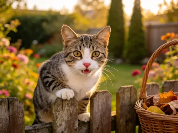 阳光花园中短毛虎斑猫探身场景