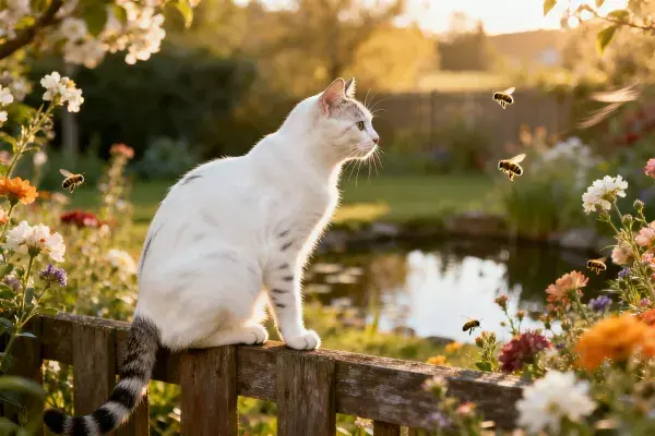 白灰短毛猫于花园木栅栏处的观察场景