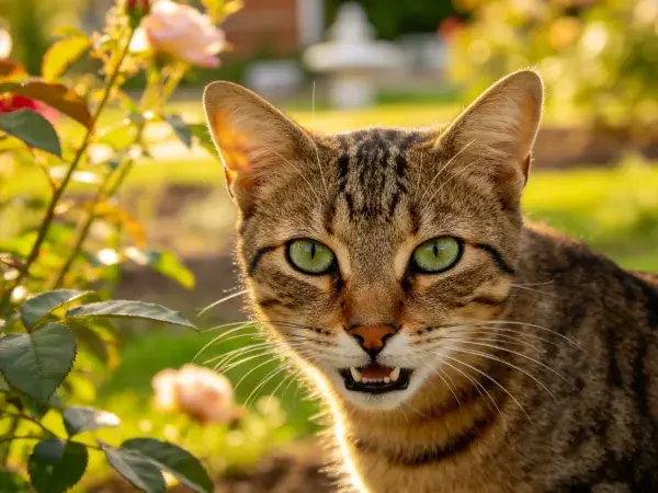 花园内短毛虎斑猫凝视镜头