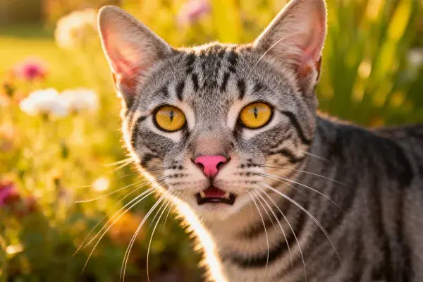花园中凝视的虎斑短毛猫特写