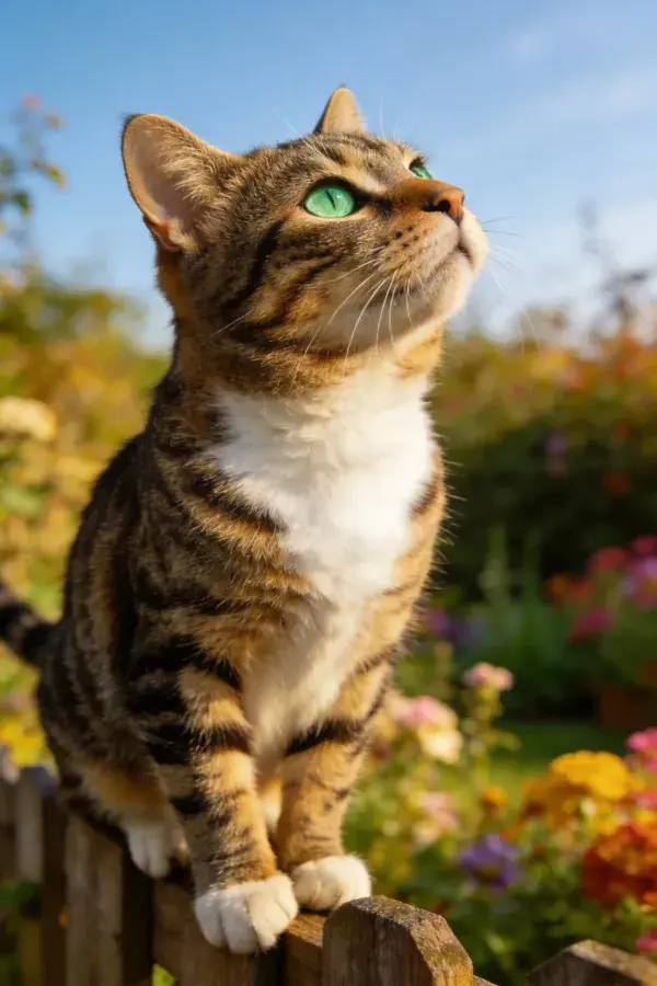 短毛虎斑家猫眺望花园木栅栏